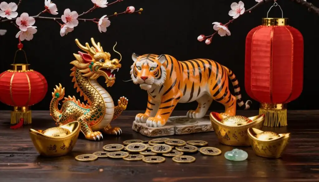 Artistic composition of traditional Asian cultural elements that inspire Red Tiger's game designs, featuring dragons, tigers, and lucky symbols