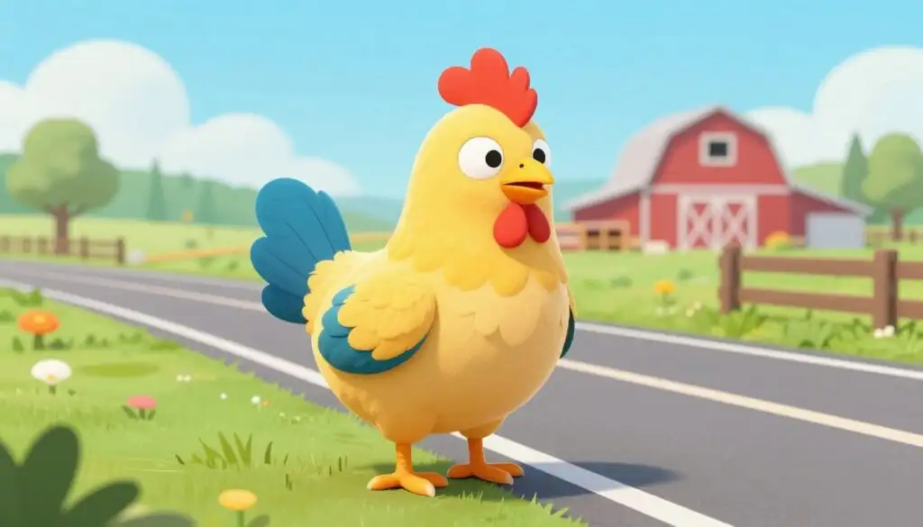 Cartoon chicken character crossing a road with farm background in the Chicken game