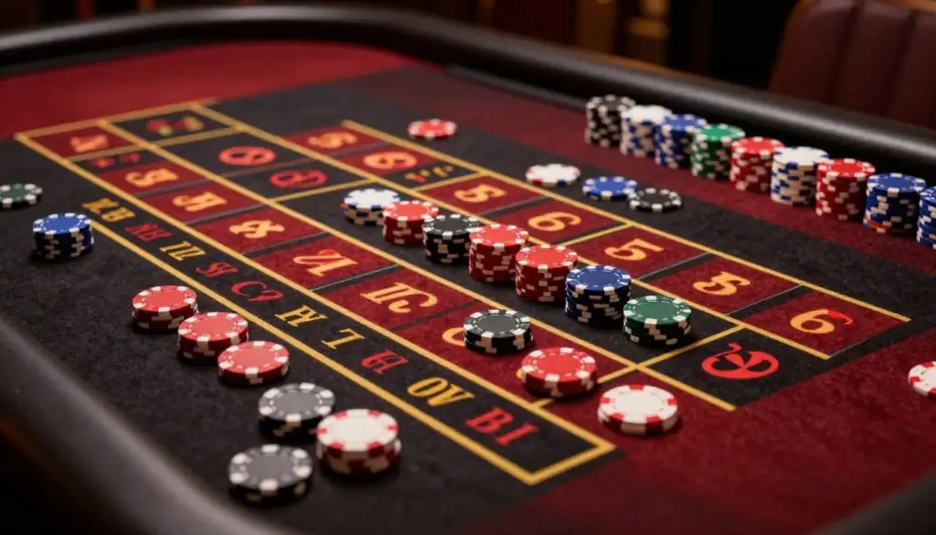 Casino chips placed on outside betting areas of a European Roulette table Casino chips placed on outside betting areas of a European Roulette table