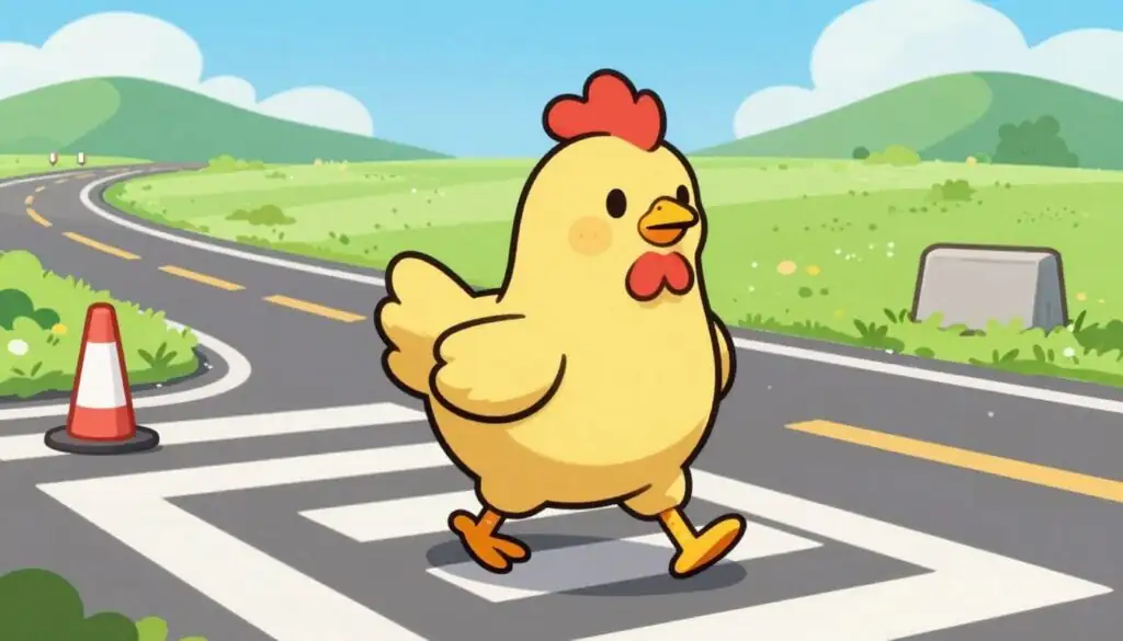 Chicken Road Game cartoon chicken character crossing a road with traffic obstacles