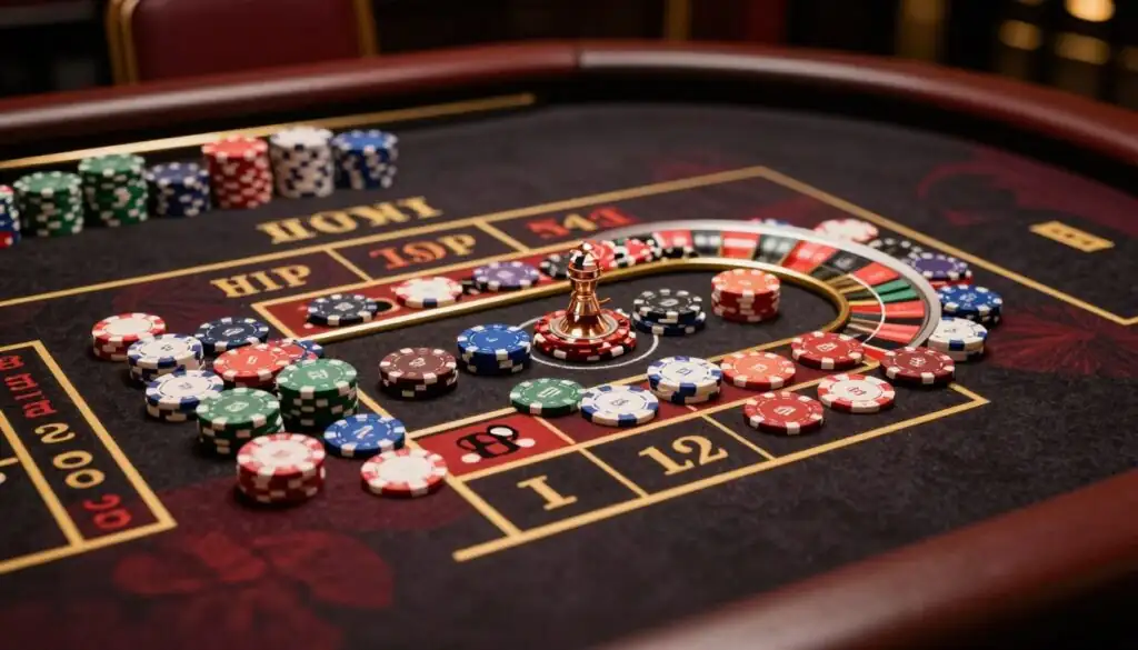 Close-up of casino chips placed on inside betting area of a European Roulette table Close-up of casino chips placed on inside betting area of a European Roulette table
