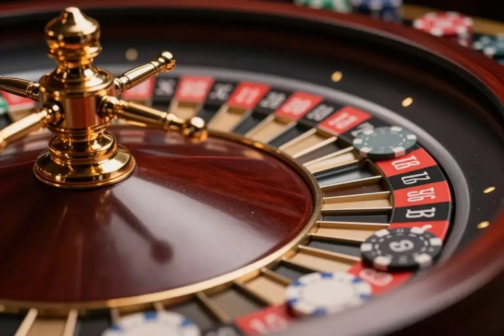 Close-up of premium casino chips arranged elegantly beside a European Roulette wheel Close-up of premium casino chips arranged elegantly beside a European Roulette wheel