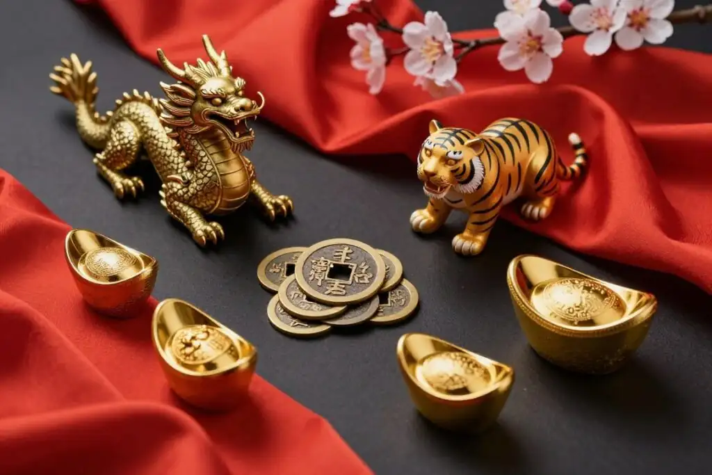 Collection of Red Tiger slot game themes showing Asian-inspired designs with dragons, tigers, and traditional symbols arranged in a premium display