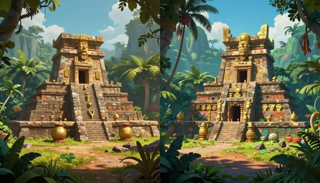 Comparison of original Gonzo's Quest and Megaways version showing ancient Incan temple ruins with golden artifacts