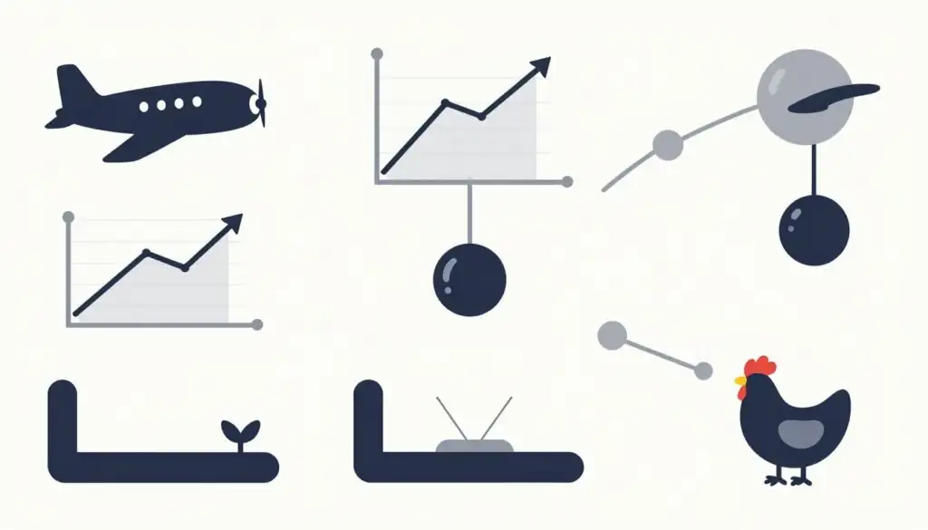 Conceptual illustration of various crash and instant win games similar to Chicken