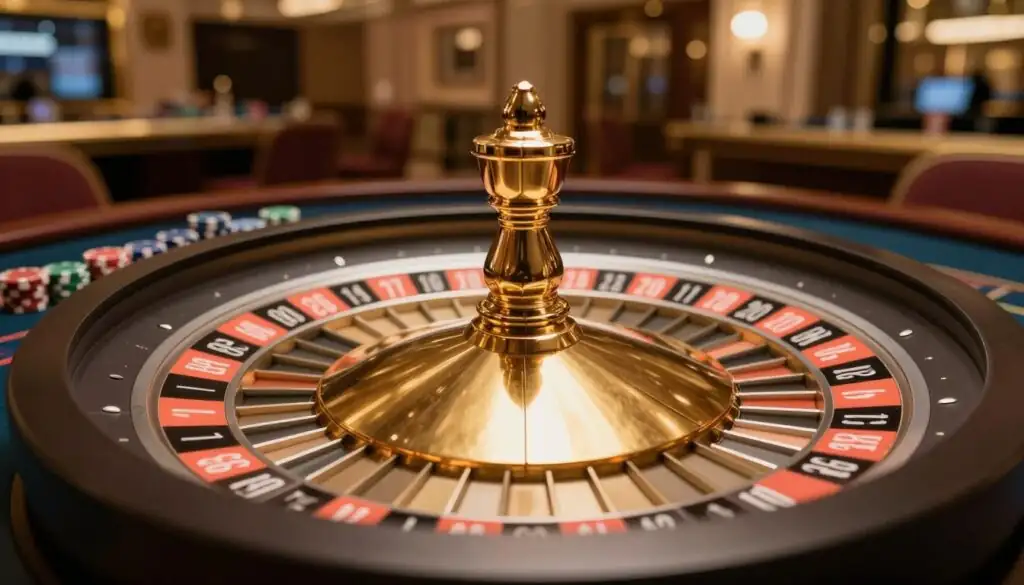 European Roulette wheel in an elegant casino setting with sophisticated lighting and atmosphere European Roulette wheel in an elegant casino setting with sophisticated lighting and atmosphere