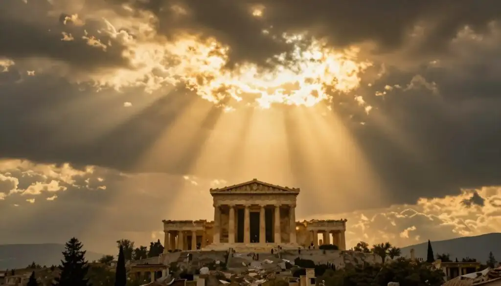 Gates of Olympus divine Mount Olympus setting with golden light rays and dramatic clouds