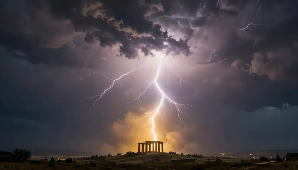 Gates of Olympus dramatic sky with lightning representing free spins feature