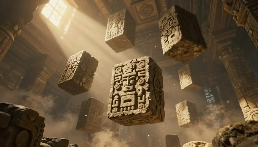 Gonzo's Quest Megaways base game features showing Avalanche mechanic with stone blocks in temple setting