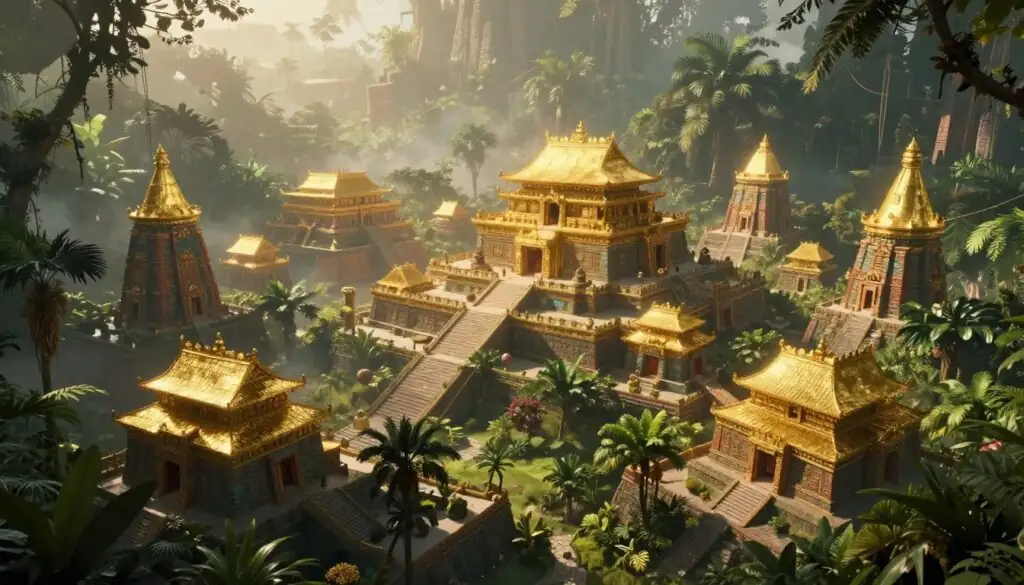 Gonzo's Quest Megaways final scene showing golden Eldorado city hidden in jungle with ancient temple