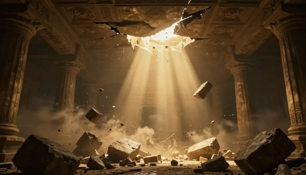 Gonzo's Quest Megaways Free Falls bonus showing temple earthquake with golden light and falling stone blocks