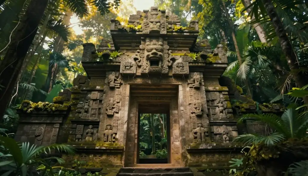 Gonzo's Quest Megaways game overview showing Incan temple entrance with stone carvings and lush jungle vegetation