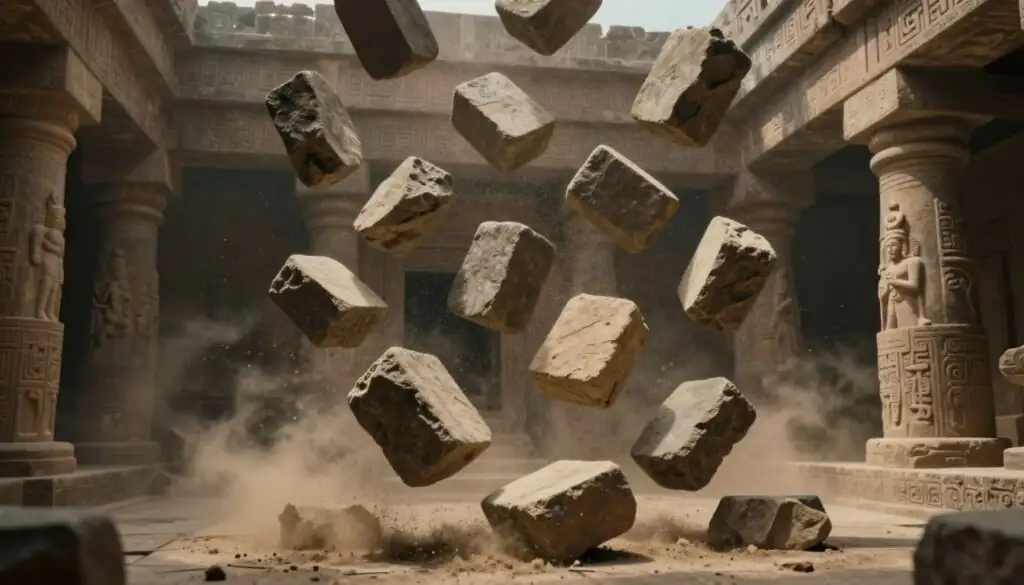 Gonzo's Quest Megaways mechanics visualization showing cascading stone blocks in an ancient temple setting