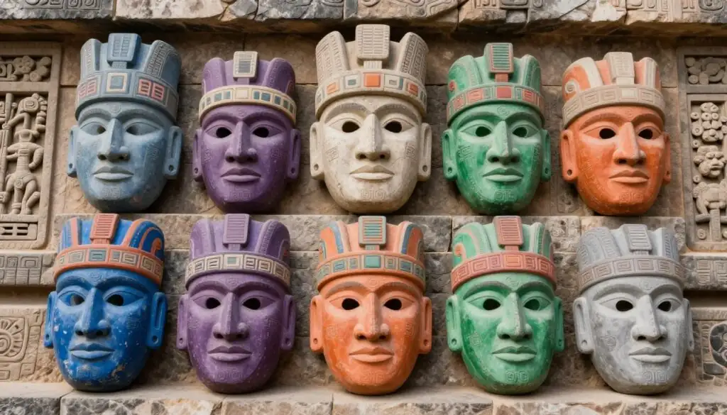 Gonzo's Quest Megaways symbols showing artistic arrangement of Incan stone masks with different colors and patterns