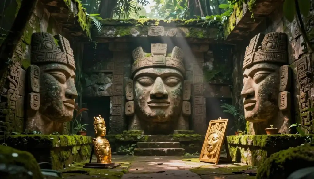 Gonzo's Quest Megaways theme showing ancient Incan stone masks and golden treasures in a jungle temple setting