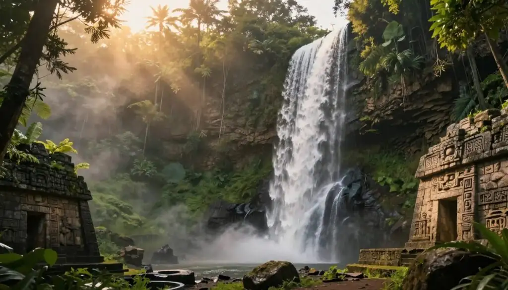 Gonzo's Quest Megaways visual atmosphere showing jungle waterfall and ancient Incan ruins with golden light