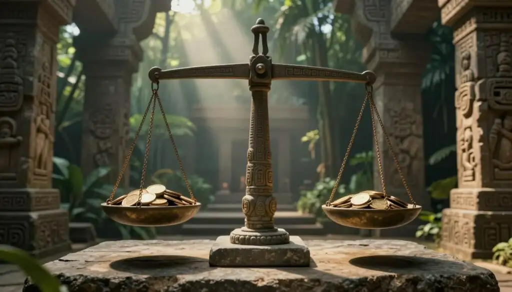 Gonzo's Quest Megaways volatility representation showing balanced stone scales with gold coins in jungle setting