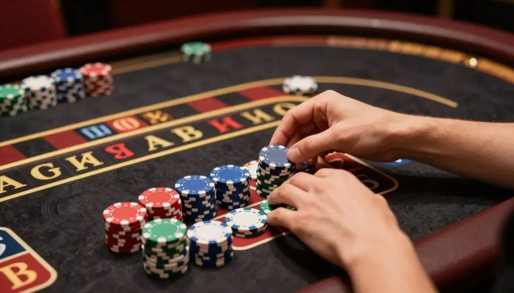 Player thoughtfully considering betting strategy at European Roulette table Player thoughtfully considering betting strategy at European Roulette table