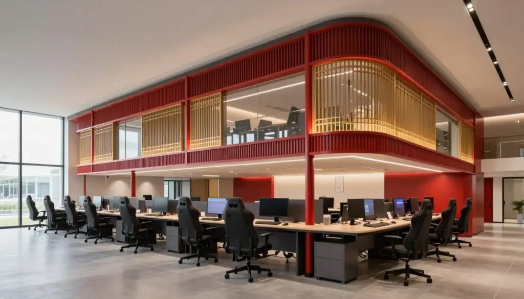 Red Tiger Gaming studio headquarters on the Isle of Man with traditional Asian architectural elements blended with modern design