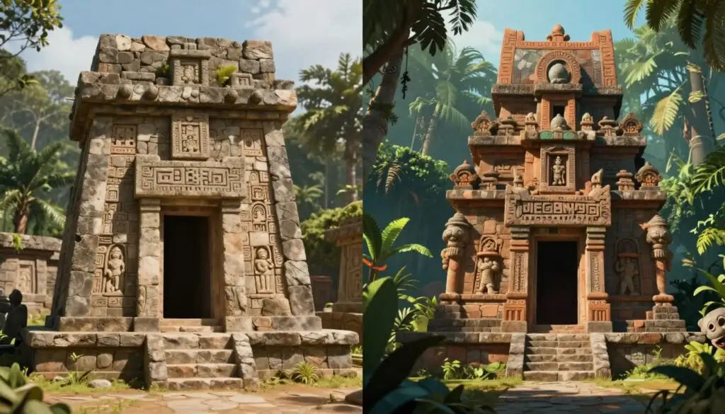 Side-by-side comparison of original and Megaways versions showing evolution of Incan temple design