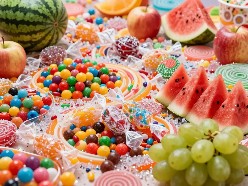 Sweet Bonanza's colorful candy land background with floating sweets and fruits