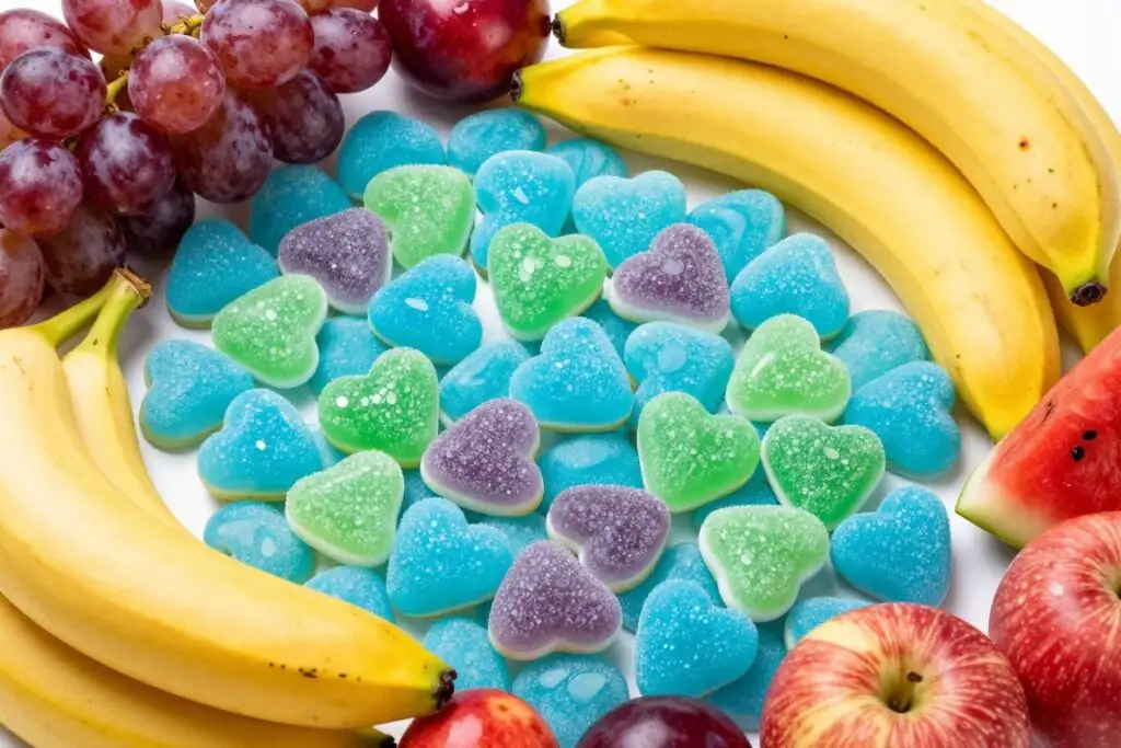 Sweet Bonanza's symbol collection showing candy and fruit symbols in vibrant colors